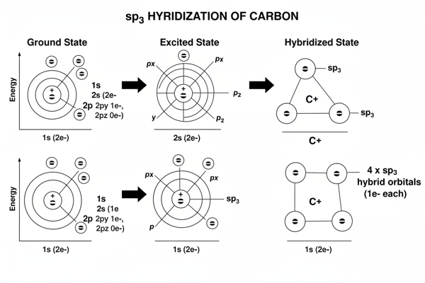 Orbital diagram showing sp3 hybridization of carbon