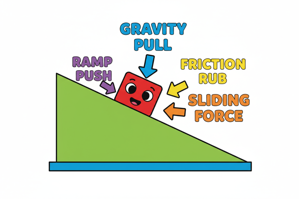 Free body diagram showing forces on an inclined plane